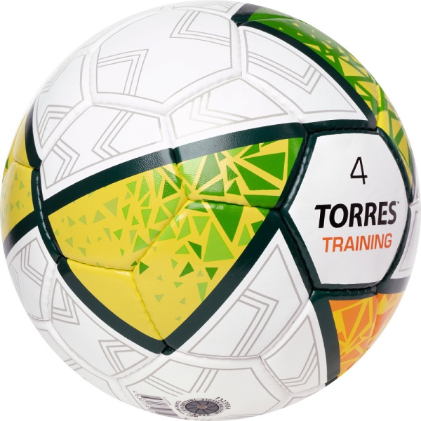 Мяч футбольный Torres Training F323954, разм. 4, 32 пан., ПУ, 4 под.слоя, ручн. сшивка, бел/зел/сер