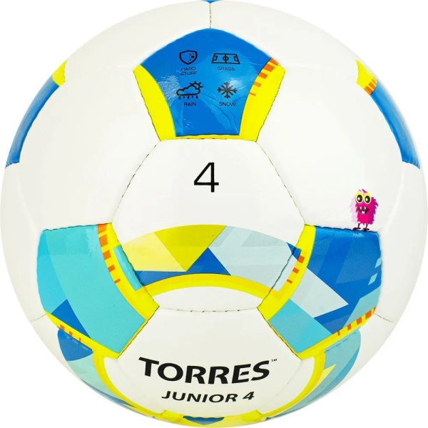 Мяч футбольный Torres Junior F320234, глянц.ПУ, 3 подкл. сл, 32п, руч сшивка, разм. 4, белый/синий