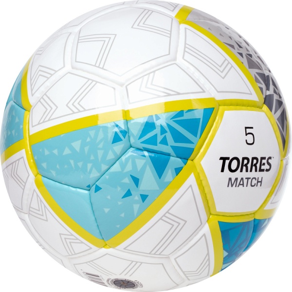 Мяч футбольный Torres Match F323975, 32 пан. ПУ, 4 под. слоя, ручн. сшивка, разм. 5, бел/сер/голубой