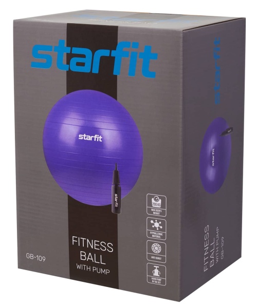 Фитбол StarFit GB-109, 75 см, антивзрыв, с насосом, фиолетовый
