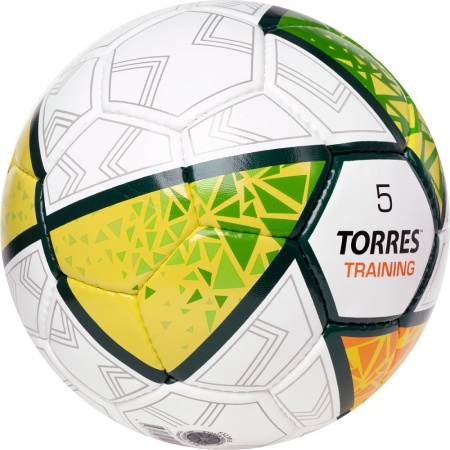 Мяч футбольный Torres Training F323955, разм. 5, 32 пан. ПУ, 4 подкл. слоя, руч. сшивка, бел/зел/жел